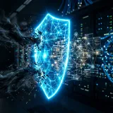 Webアプリへの攻撃を防御するWAFを象徴する、悪意あるアクセスからWebを守る光輝く壁の高品質な写真