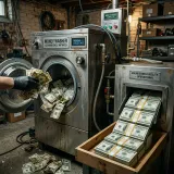 汚れた札束が洗濯機に入れられ、綺麗な札束となって出てくるマネーロンダリングのイメージ