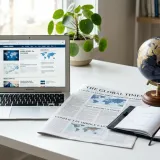清潔な白いデスクに置かれたノートパソコン。その横には、世界情勢が書かれた新聞と地球儀があり、世の中の大きな動き（PEST分析）を表現している。明るい自然光のプロフェッショナルな写真。