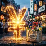 力強い円のマークと安くなった輸入品のイメージ