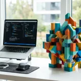 清潔な白いデスクに置かれたノートパソコン。その横には、色とりどりのブロックが組み合わさって一つの複雑な構造物を作っており、期限のある特別な仕事（プロジェクト）を表現している。