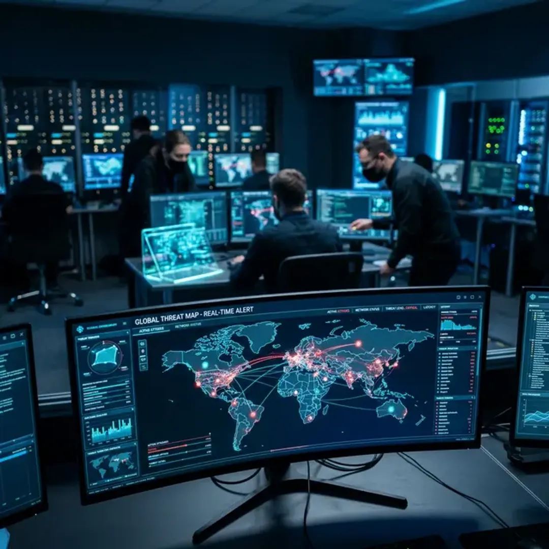 24時間体制でサイバーセキュリティを監視するSOCを象徴する、青く光るホログラムの脅威マップを備えた高度なコントロールルームの高品質写真
