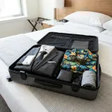 ホテルのベッドの上に開かれたスタイリッシュなスーツケース。きちんとおられたビジネススーツの横に、カラフルなアロハシャツとサングラスが一緒に詰め込まれており、仕事（ビジネス）と遊び（レジャー）を両立させるイメージ