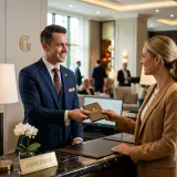 形のない価値を提供するサービスを象徴する、綺麗に整えられたカウンター越しに笑顔で丁寧にルームキーを渡す高級ホテルのコンシェルジュの高品質な写真