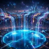 あらゆる生データを形式を問わずそのまま蓄積するデータレイクを象徴する、多様な形のデータストリームが流れ込む深く広大な光の湖の高品質な写真