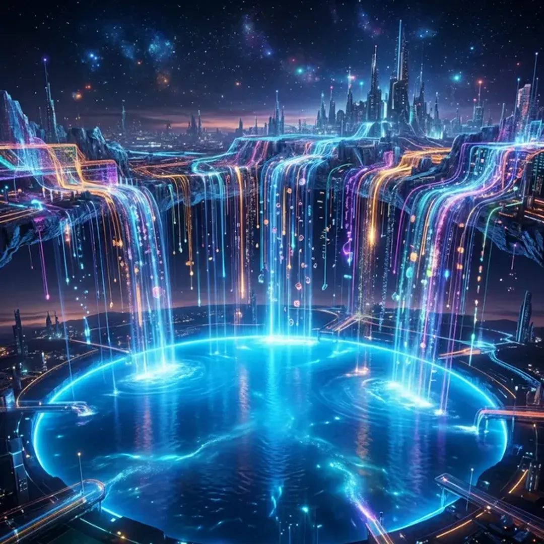 あらゆる生データを形式を問わずそのまま蓄積するデータレイクを象徴する、多様な形のデータストリームが流れ込む深く広大な光の湖の高品質な写真