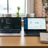 オフィスデスクに並んだ2台のノートパソコン。その横には「Notes」と書かれたノートとペンが置かれ、教育や学びの場を表現している。明るい自然光のプロフェッショナルな写真。