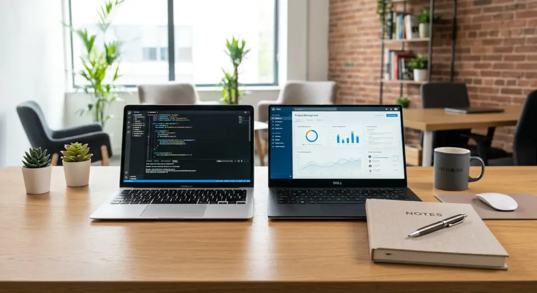 オフィスデスクに並んだ2台のノートパソコン。その横には「Notes」と書かれたノートとペンが置かれ、教育や学びの場を表現している。明るい自然光のプロフェッショナルな写真。