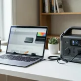 清潔な白いデスクに置かれたノートパソコン。その横には、プロフェッショナルな緊急用キットやバックアップ用バッテリーがあり、不測の事態への備え（コンティンジェンシープラン）を表現している。