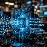 コンピューター上で文字を扱うためのルールである文字コードを象徴する、カオスな記号を美しいデジタル文字へと翻訳する光るデコードメカニズムの高品質写真