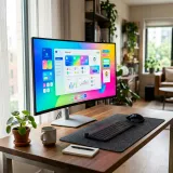 フロントエンド開発における美しいUIモックアップが表示されたモニターの高品質なイメージ写真