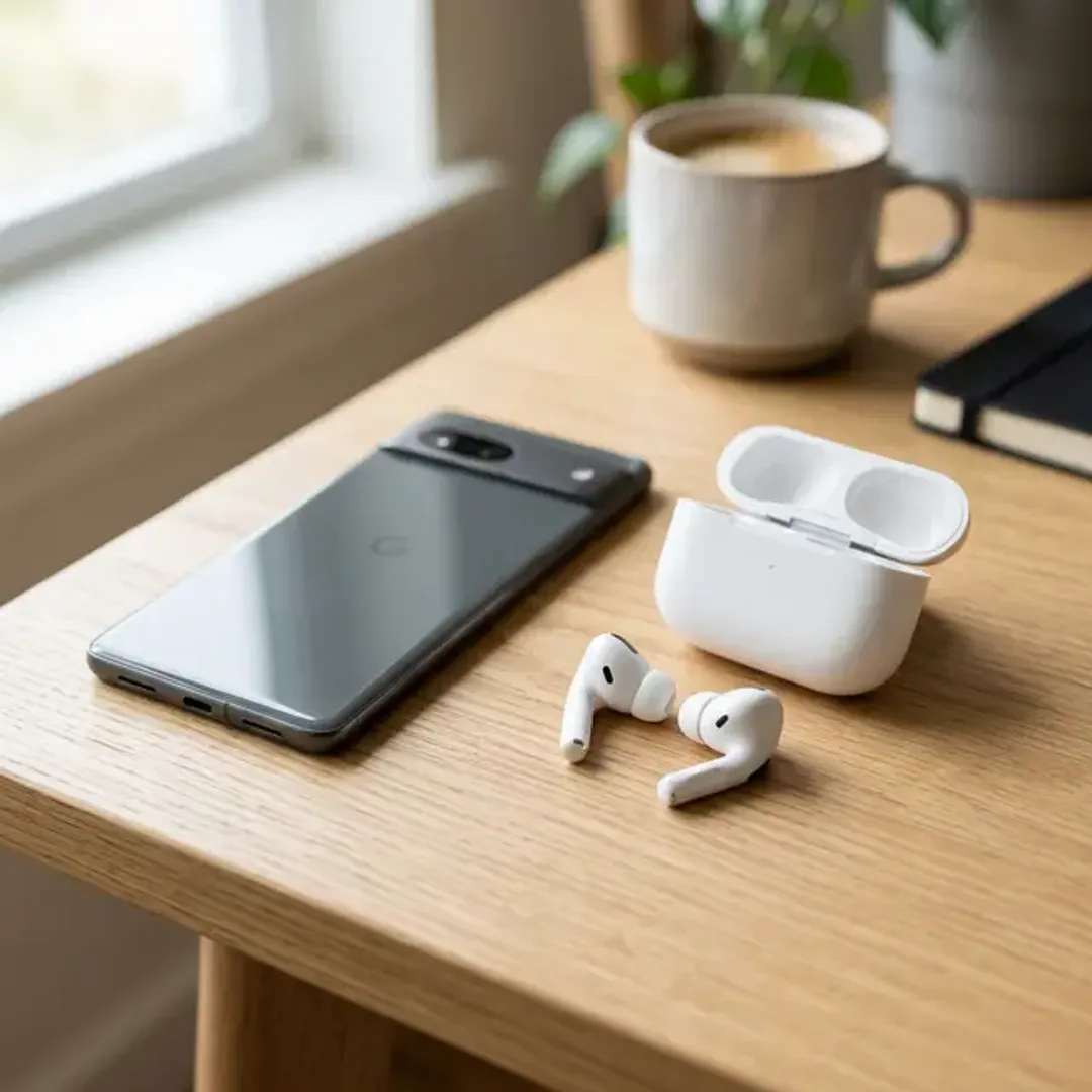 Bluetooth接続を表すワイヤレスイヤホンとスマートフォンの高品質なイメージ写真