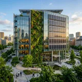 環境や社会に配慮して長期的に事業を継続するサステナビリティを象徴する、壁一面の豊かな緑と最新のクリーンソーラーパネルが融合した近代的なオフィスビルの高品質な写真