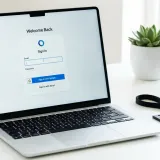 清潔なデスクに置かれたノートパソコンの画面に「Googleでログイン」ボタンが表示されている。その横には小さな金属製の鍵が置かれている。