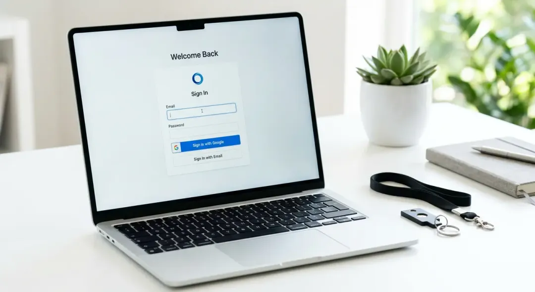 清潔なデスクに置かれたノートパソコンの画面に「Googleでログイン」ボタンが表示されている。その横には小さな金属製の鍵が置かれている。
