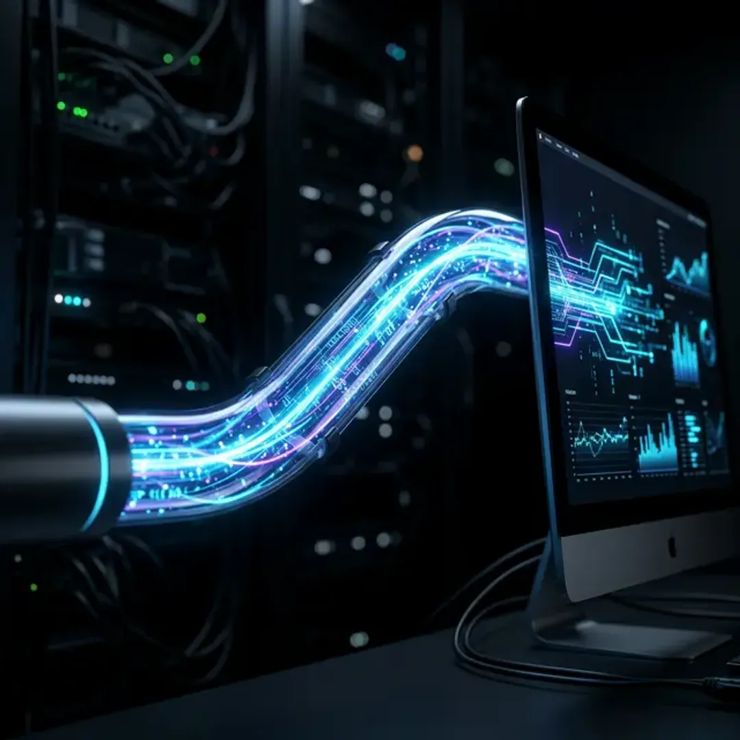 Webデータをやり取りする通信規格HTTPを象徴する、透明な管を流れる光データの高品質なイメージ写真