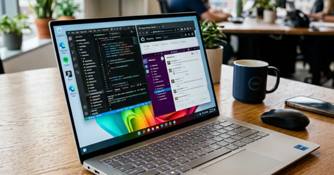 OS（オペレーティングシステム）とアプリの違いを表現する、モダンなオフィスにあるノートパソコンの画面イメージ