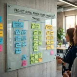 プロジェクトを細かい作業単位に分解して構造化するWBS(Work Breakdown Structure)を象徴する、ガラスのホワイトボードに色付きの付箋を階層状に整理して貼るチームの高品質な写真