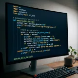 自動化スクリプトのコードが実行されるモニター画面の高品質なイメージ写真