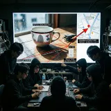 サングラスをかけたネットの匿名探偵（特定班）たちが、パソコンの画面に映った「ただのアイスクリームの写真」を虫眼鏡で拡大し、背景の『電柱の看板の切れ端』や『窓ガラスの反射』などを線で結んで、地球儀上の特定の住所（ピン）を突き止めている不気味でプロフェッショナルなイメージ