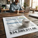 企業の最終的な利益(プロフィット)を象徴する、大きなプラスの最終利益額が明確に示された財務残高表の上に、きれいに積み上げられた輝く銀のコインの楽観的で高品質な写真