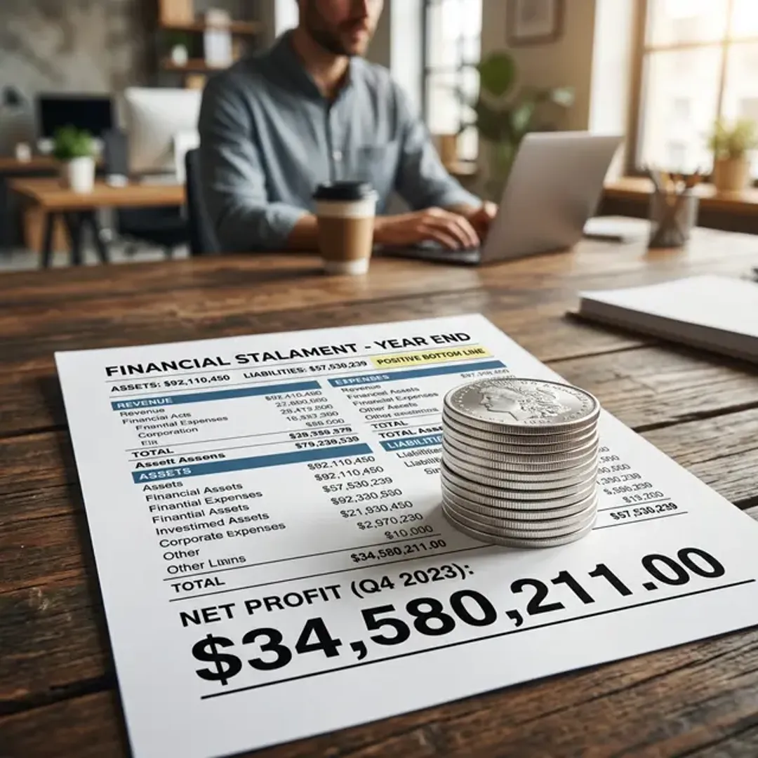 企業の最終的な利益(プロフィット)を象徴する、大きなプラスの最終利益額が明確に示された財務残高表の上に、きれいに積み上げられた輝く銀のコインの楽観的で高品質な写真