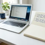 清潔な白いデスクに置かれたノートパソコンと、丁寧に書き出されたタスクリスト（ノート）。やるべき仕事（タスク）を整理している様子。明るい自然光のプロフェッショナルな写真。