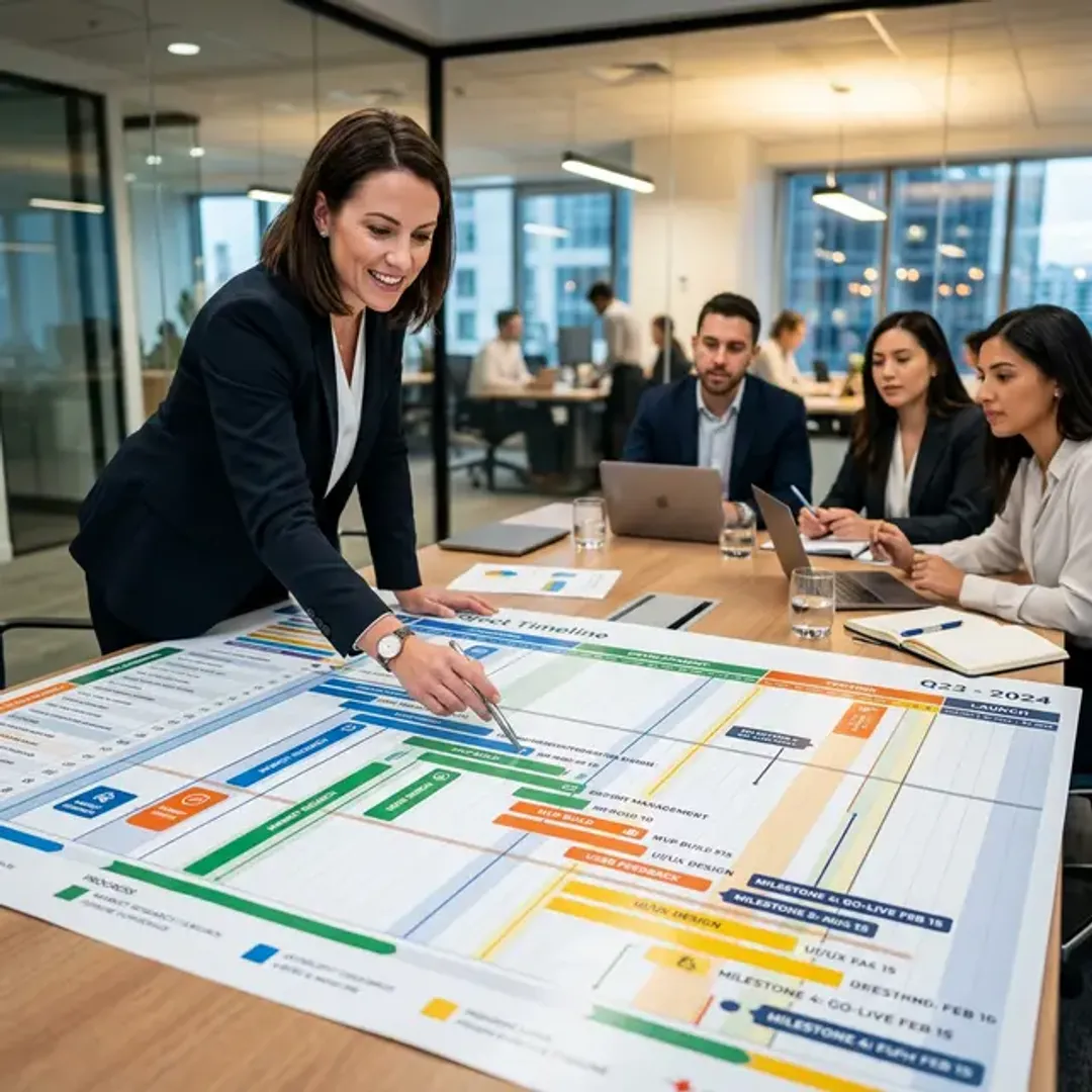 プロジェクトのスケジュールや進捗状況を視覚的に管理するガントチャートを象徴する、印刷された巨大なプロジェクト進行表を指差して確認し合うチームの高品質な写真