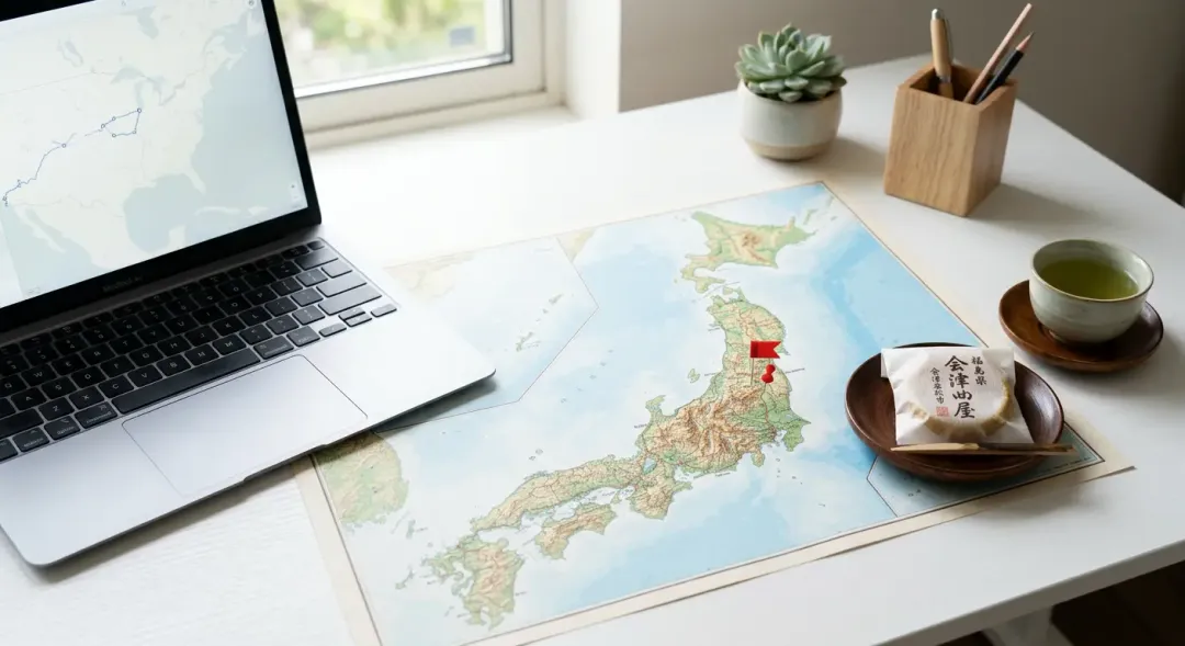 清潔な白いデスクに置かれたノートパソコン。その横には、日本地図があり、地方の都市にピンが立てられている。国内の地方拠点との連携（ニアショア）を表現している。
